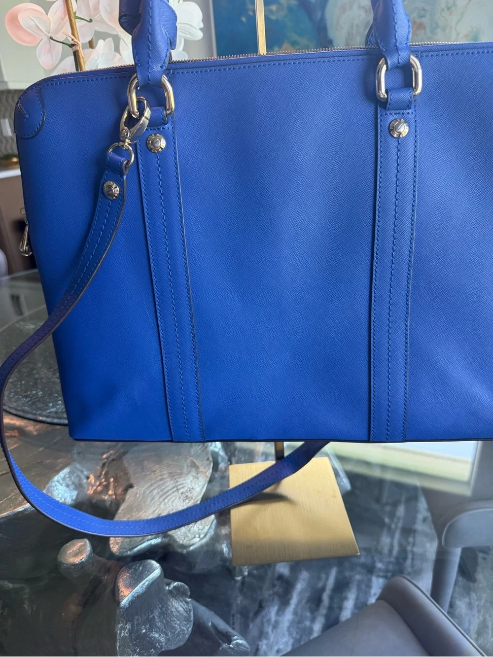 henri bendel cobalt blue leather tote satchel
